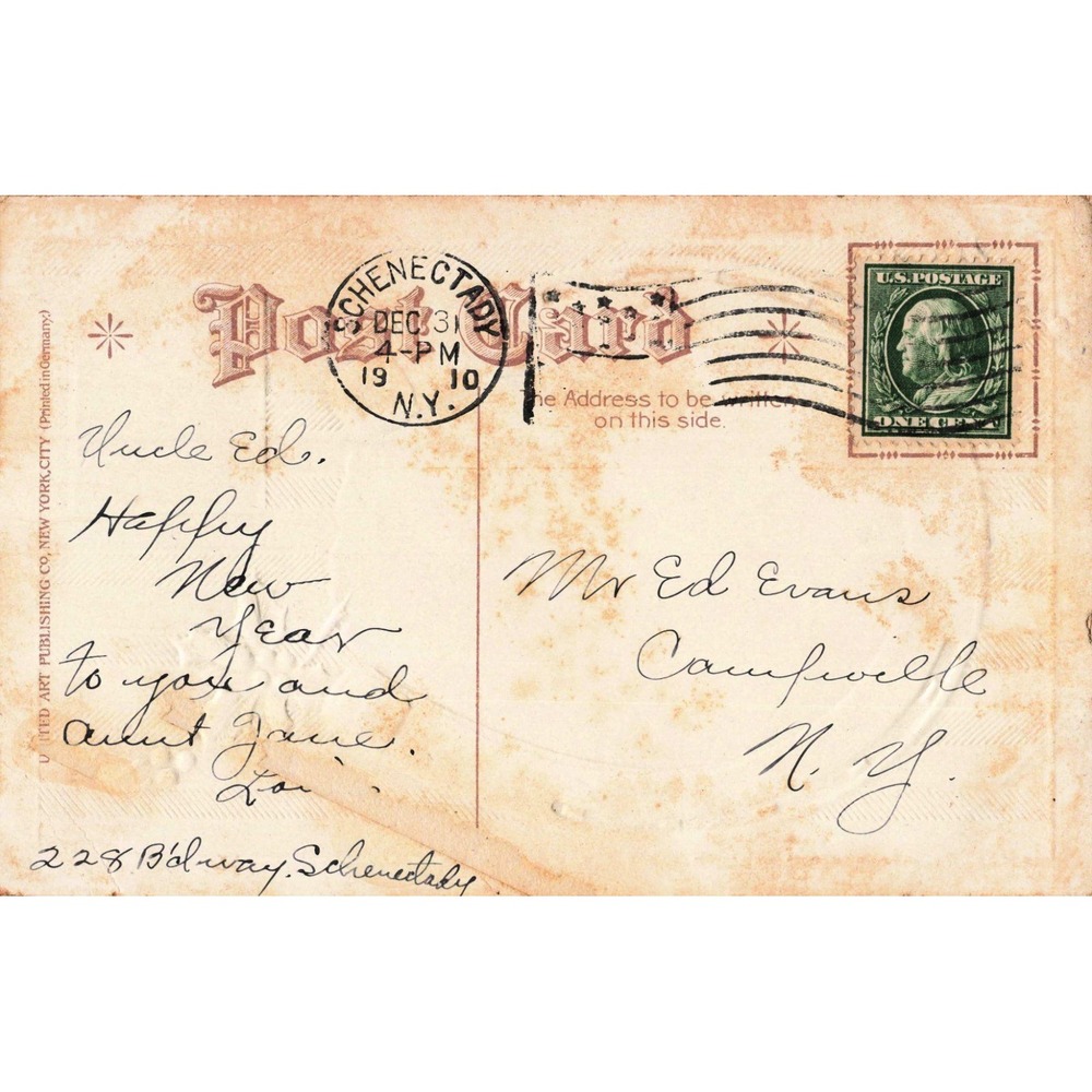 Vintage 1910 New Year Postcard Horseshoe Winter Scene Holly Schenectady NY VG- - Picture 2 of 2